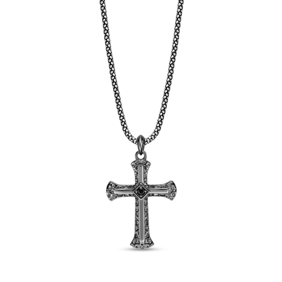 Black Spinel Oxidized Cross Pendant in Sterling Silver - 24"