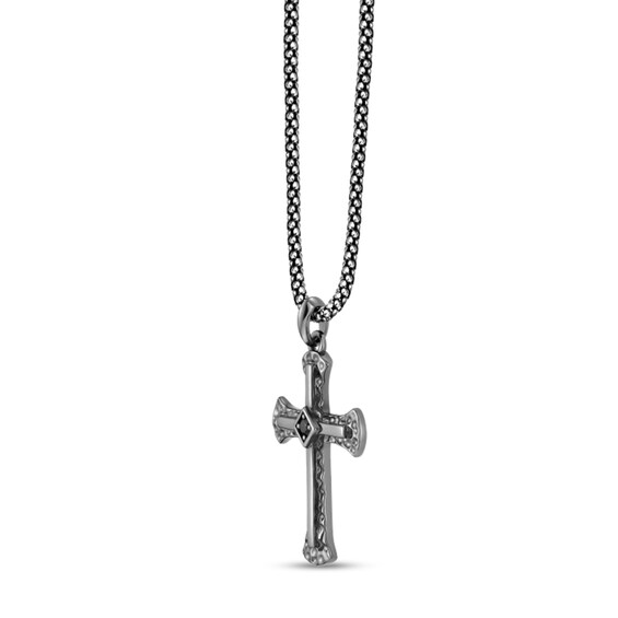 Black Spinel Oxidized Cross Pendant in Sterling Silver - 24"