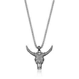Black Spinel Oxidized Bull Skull Pendant in Sterling Silver - 24”