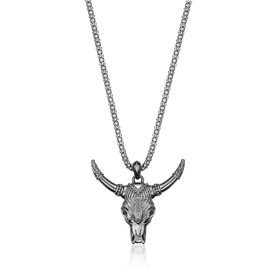 Black Spinel Oxidized Bull Skull Pendant in Sterling Silver - 24â