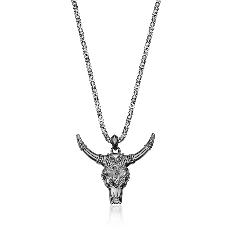 Main Image 1 of Black Spinel Oxidized Bull Skull Pendant in Sterling Silver - 24”