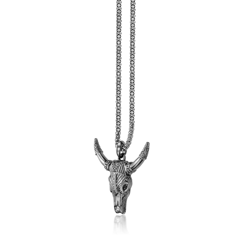 Main Image 2 of Black Spinel Oxidized Bull Skull Pendant in Sterling Silver - 24”