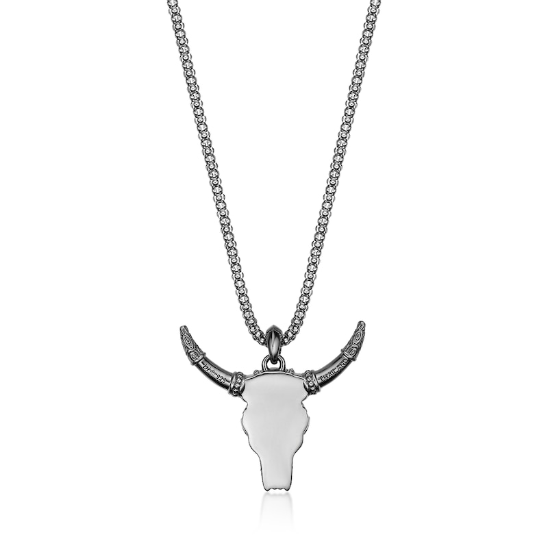Main Image 3 of Black Spinel Oxidized Bull Skull Pendant in Sterling Silver - 24”