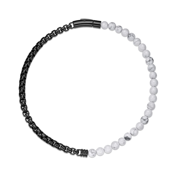 8.5mm White Howlite Bead and Box Chain Half-and-Half Bracelet in Stainless Steel with Black Ion Plate - 8.5â