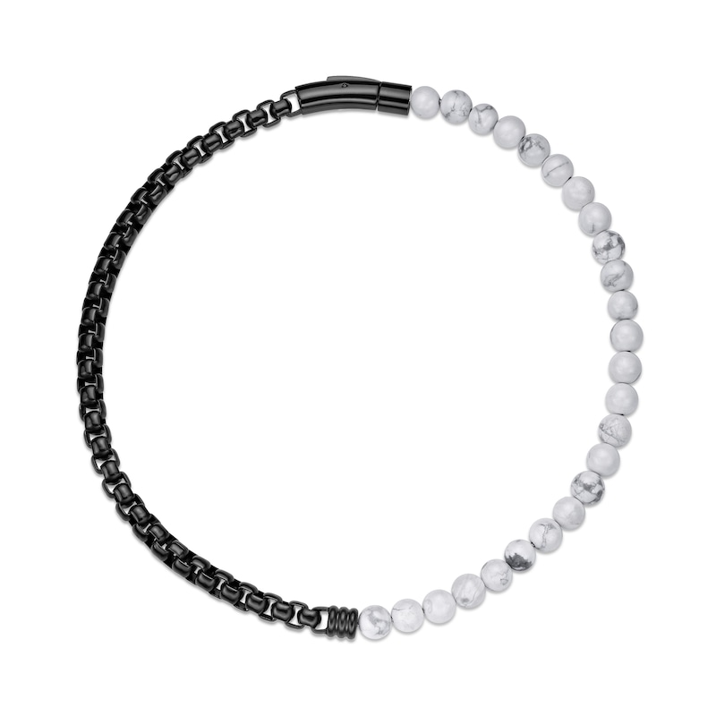 Main Image 1 of 8.5mm White Howlite Bead and Box Chain Half-and-Half Bracelet in Stainless Steel with Black Ion Plate - 8.5”