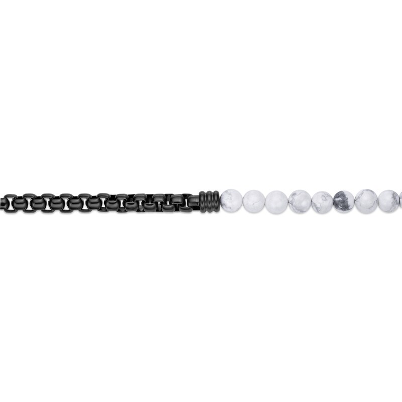 Main Image 2 of 8.5mm White Howlite Bead and Box Chain Half-and-Half Bracelet in Stainless Steel with Black Ion Plate - 8.5”