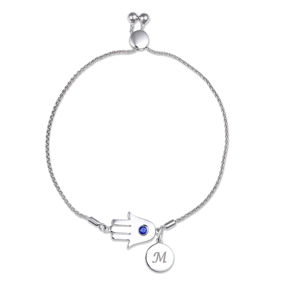 Birthstone Hamsa with Engravable Disc Charm Bolo Bracelet (1 Stone and Initial) - 9.5"