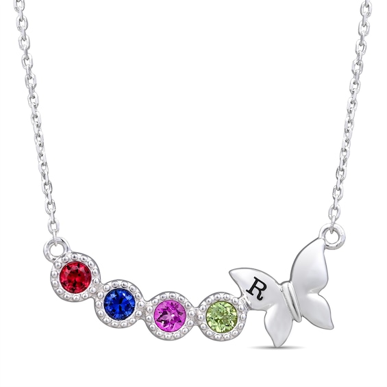 Bezel-Set Birthstone with Butterfly Necklace (2-4 Stones and 2 Initials)