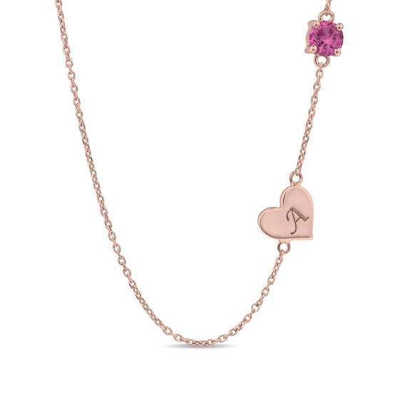 5.0mm Birthstone with Heart Offset Station Necklace (1 Stone and Initial)