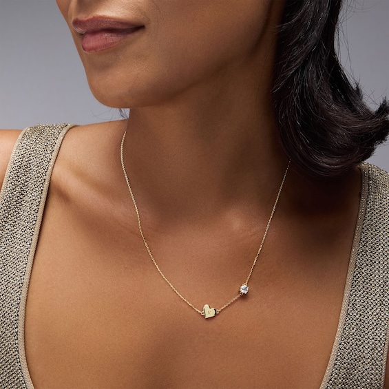 5.0mm Birthstone with Heart Offset Station Necklace (1 Stone and Initial)