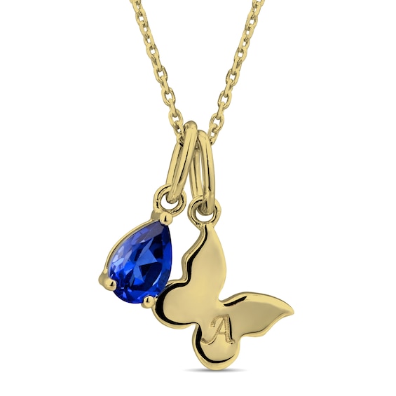 Pear-Shaped Birthstone and Engravable Butterfly Double Charm Pendant (1 Stone and Initial)