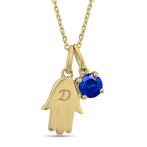 5.0mm Birthstone and Engravable Hamsa Hand Double Charm Pendant (1 Stone and Initial)