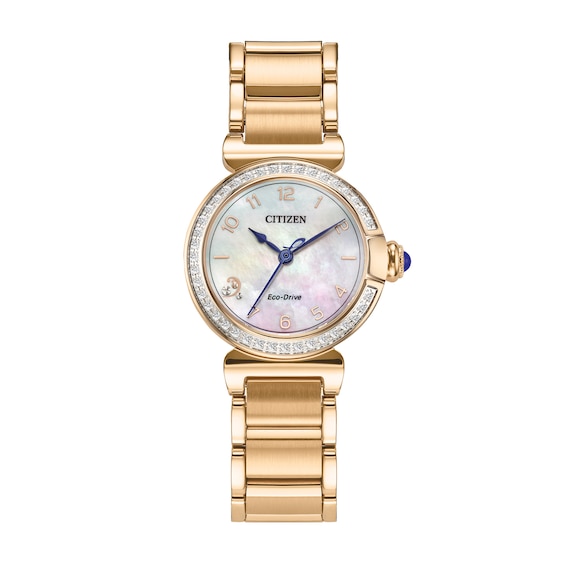 Ladiesâ Citizen Eco-DriveÂ® L Mae Dress Classic Diamond Rose-Tone IP Watch with Mother-of-Pearl Dial (Model: Em1123-89D)