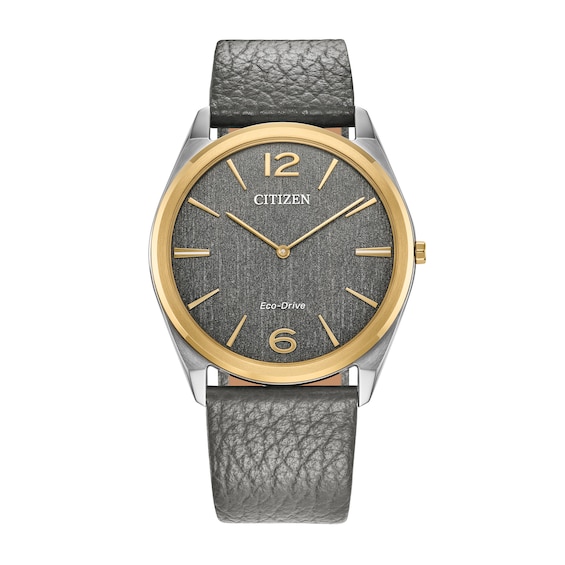 Unisex Citizen Eco-DriveÂ® Dress Classic Gold-Tone IP Leather Strap Watch with Grey Dial (Model: Ar3124-07H)