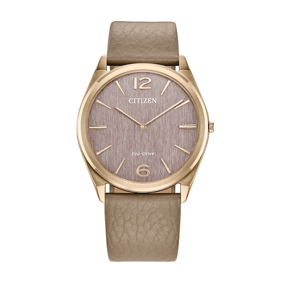 Unisex Citizen Eco-DriveÂ® Dress Classic Gold-Tone IP Leather Strap Watch with Pink Dial (Model: Ar3123-00X)