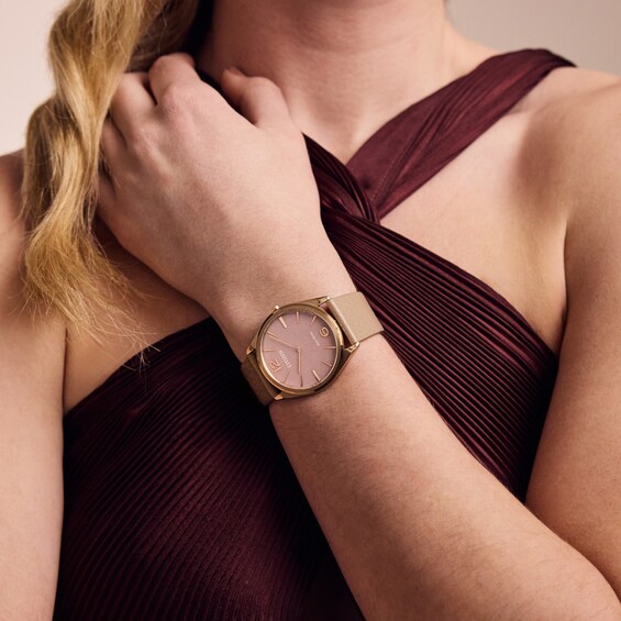 Unisex Citizen Eco-DriveÂ® Dress Classic Gold-Tone IP Leather Strap Watch with Pink Dial (Model: Ar3123-00X)