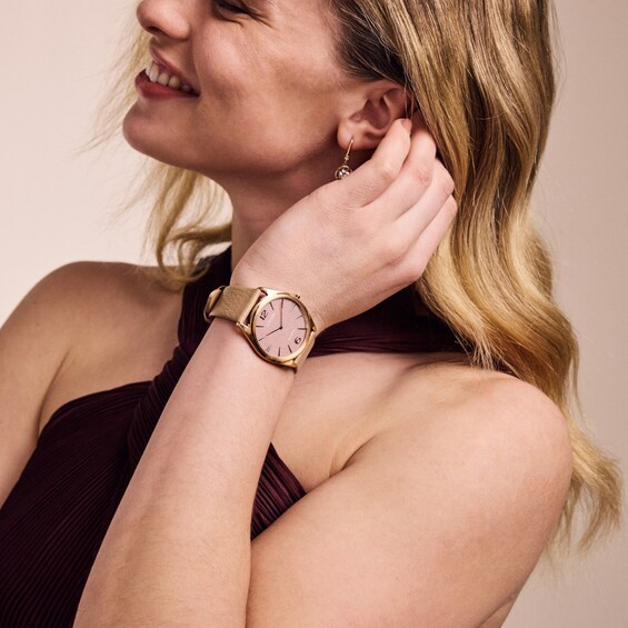 Unisex Citizen Eco-DriveÂ® Dress Classic Gold-Tone IP Leather Strap Watch with Pink Dial (Model: Ar3123-00X)