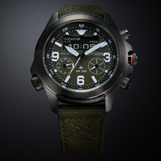 Menâs Citizen Eco-DriveÂ® Promaster Land Grey IP Strap Watch with Green Dial (Model: Jv1005-02W)