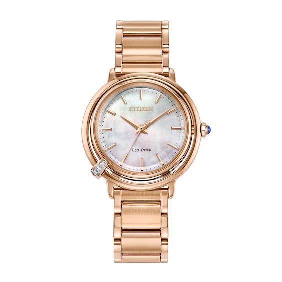 Ladiesâ Citizen Eco-DriveÂ® L Arcly Diamond Rose-Tone IP Watch with Pink Mother-of-Pearl Dial (Model: Em1098-68D)