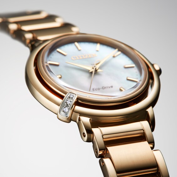 Ladiesâ Citizen Eco-DriveÂ® L Arcly Diamond Rose-Tone IP Watch with Pink Mother-of-Pearl Dial (Model: Em1098-68D)