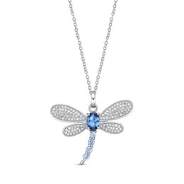 Oval London and Sky Blue Topaz with White Lab-Created Sapphire Dragonfly Pendant in Sterling Silver