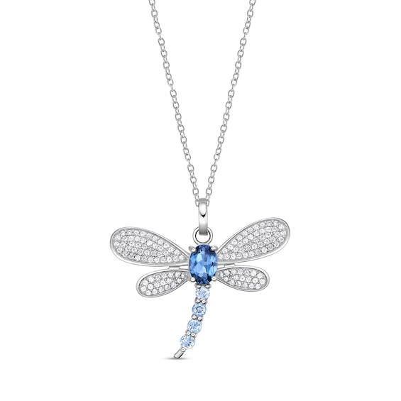 Oval London and Sky Blue Topaz with White Lab-Created Sapphire Dragonfly Pendant in Sterling Silver