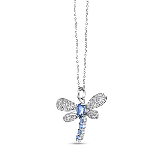 Oval London and Sky Blue Topaz with White Lab-Created Sapphire Dragonfly Pendant in Sterling Silver