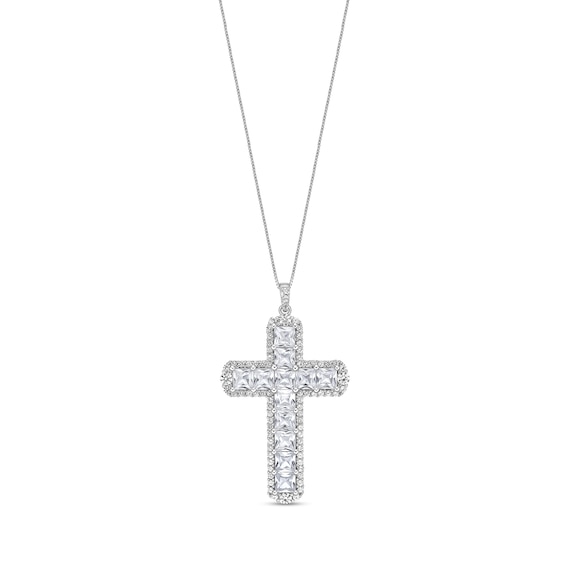 4.0mm Princess-Cut and Round White Lab-Created Sapphire Frame Cross Pendant in Sterling Silver