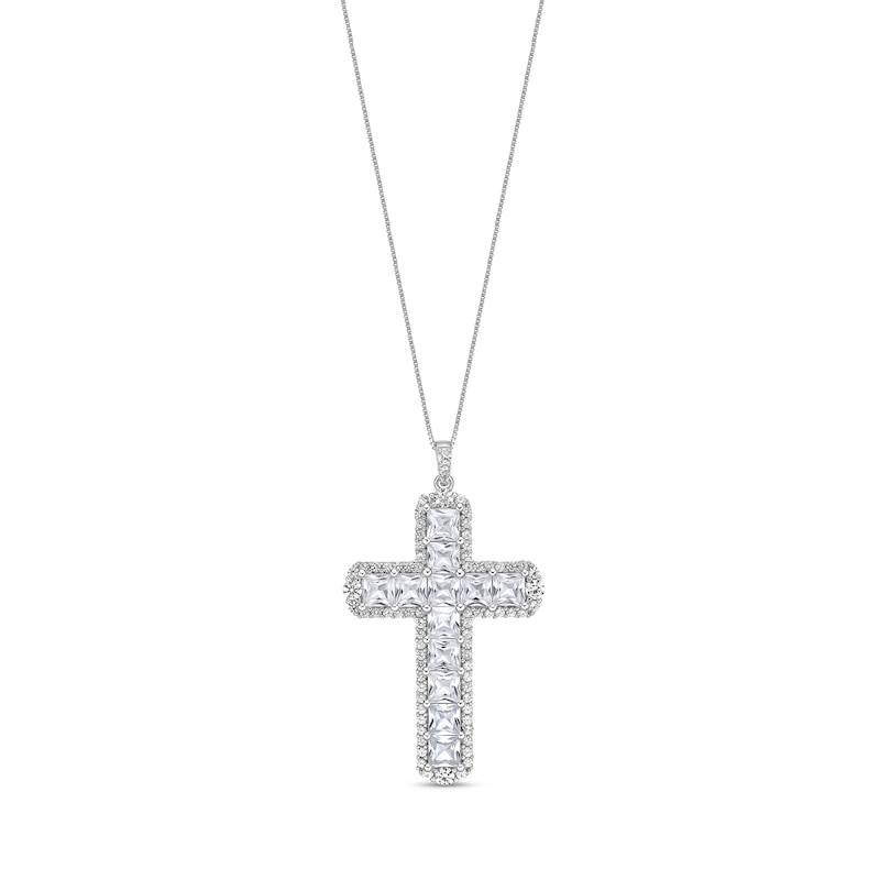 Main Image 1 of 4.0mm Princess-Cut and Round White Lab-Created Sapphire Frame Cross Pendant in Sterling Silver