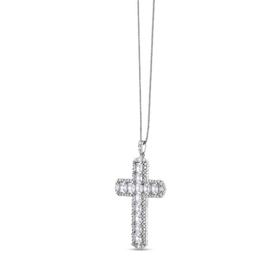 4.0mm Princess-Cut and Round White Lab-Created Sapphire Frame Cross Pendant in Sterling Silver