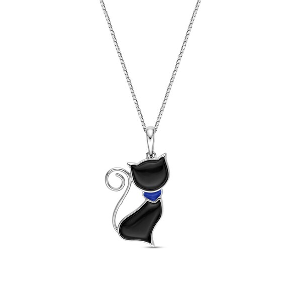 Black Onyx Cat Silhouette Pendant in Sterling Silver