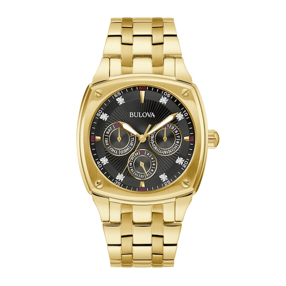 Menâs Bulova Diamond Accent Gold-Tone IP Chronograph Watch with Square Black Dial (Model: 97D138)