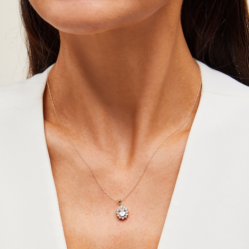 Main Image 2 of Oval White Lab-Created Sapphire and Diamond Accent Sunburst Frame Pendant in 10K Gold