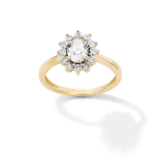 Oval White Lab-Created Sapphire and Diamond Accent Sunburst Frame Ring in 10K Gold
