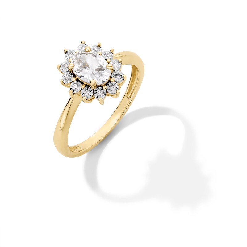 Main Image 3 of Oval White Lab-Created Sapphire and Diamond Accent Sunburst Frame Ring in 10K Gold