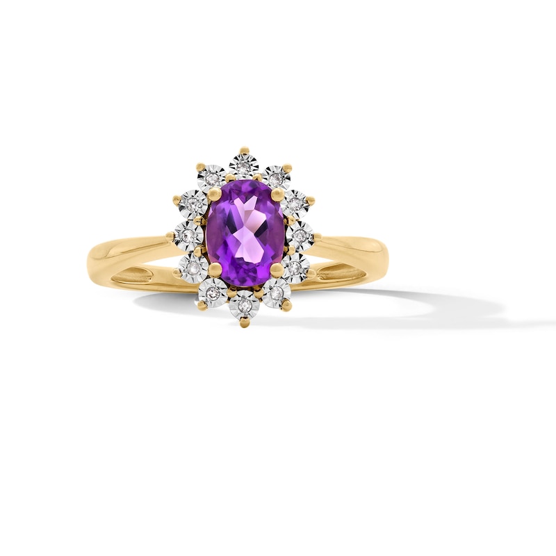 Main Image 1 of Oval Amethyst and Diamond Accent Sunburst Frame Ring in 10K Gold