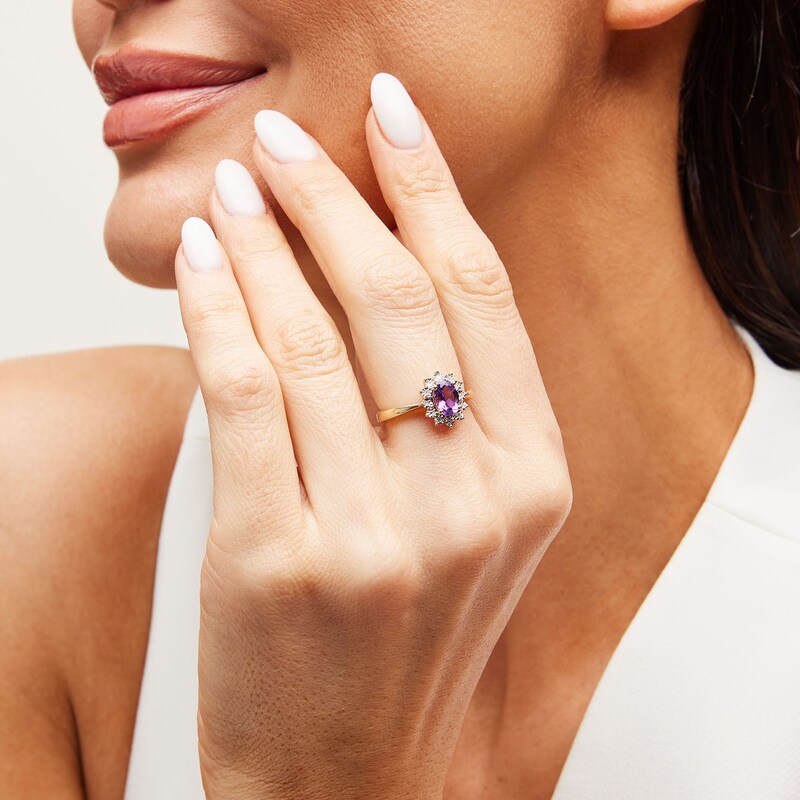 Main Image 2 of Oval Amethyst and Diamond Accent Sunburst Frame Ring in 10K Gold