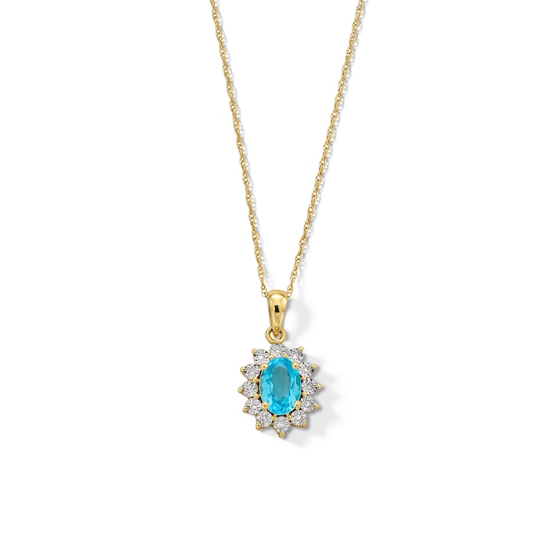 Main Image 1 of Oval Swiss Blue Topaz and Diamond Accent Sunburst Frame Pendant in 10K Gold