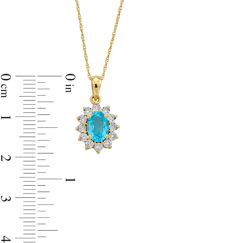 Main Image 4 of Oval Swiss Blue Topaz and Diamond Accent Sunburst Frame Pendant in 10K Gold