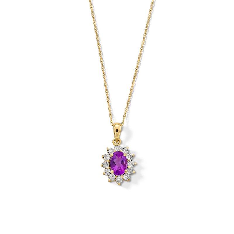 Main Image 1 of Oval Amethyst and Diamond Accent Sunburst Frame Pendant in 10K Gold