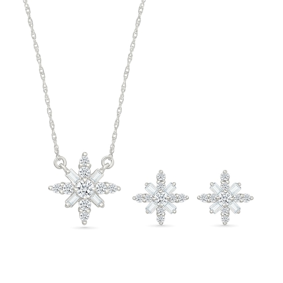 1/2 CT. T. W. Baguette and Round Lab-Grown Diamond Snowflake Necklace and Earrings Set in Sterling Silver