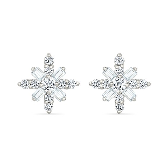 1/2 CT. T. W. Baguette and Round Lab-Grown Diamond Snowflake Necklace and Earrings Set in Sterling Silver