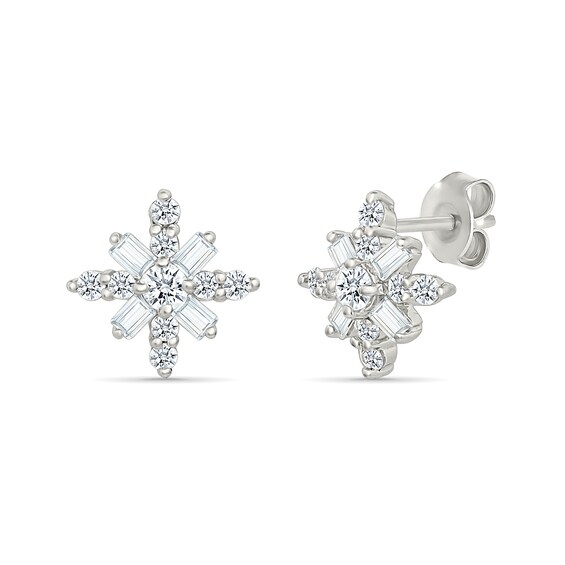 1/2 CT. T. W. Baguette and Round Lab-Grown Diamond Snowflake Necklace and Earrings Set in Sterling Silver