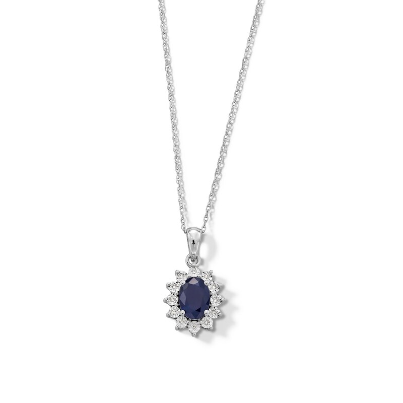 Main Image 1 of Oval Blue Sapphire and Diamond Accent Sunburst Frame Pendant in 10K White Gold