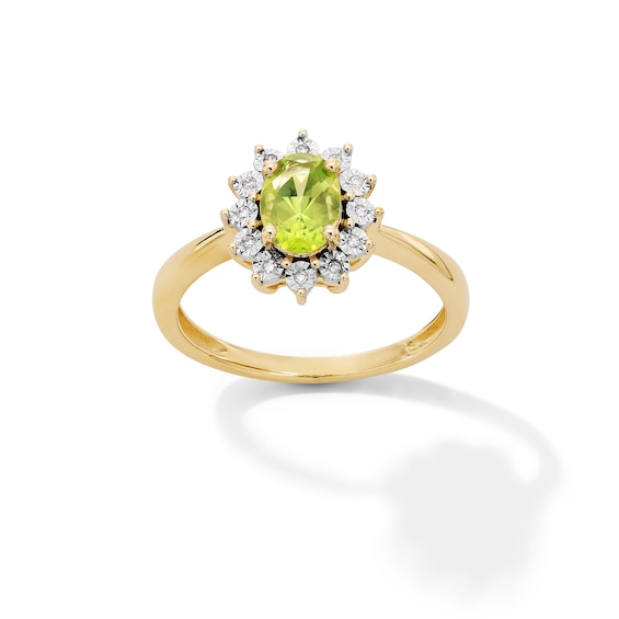 Oval Peridot and Diamond Accent Sunburst Frame Ring in 10K Gold