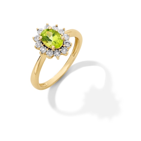 Oval Peridot and Diamond Accent Sunburst Frame Ring in 10K Gold