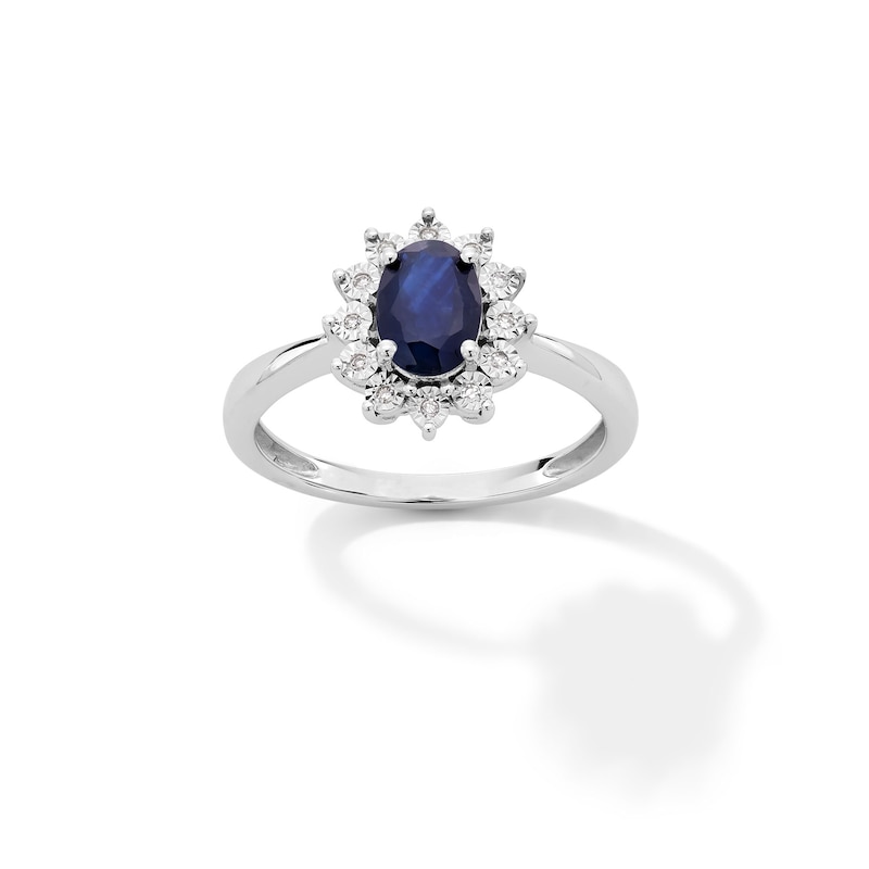 Main Image 1 of Oval Blue Sapphire and Diamond Accent Sunburst Frame Ring in 10K White Gold