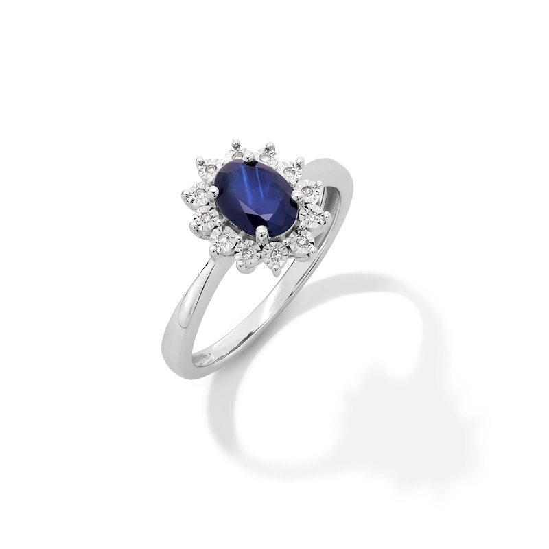 Main Image 3 of Oval Blue Sapphire and Diamond Accent Sunburst Frame Ring in 10K White Gold