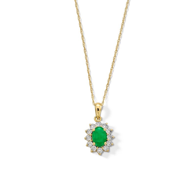 Main Image 1 of Oval Emerald and Diamond Accent Sunburst Frame Pendant in 10K Gold