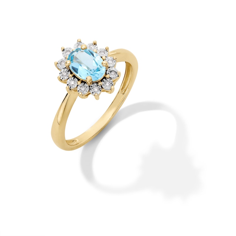 Main Image 3 of Oval Swiss Blue Topaz and Diamond Accent Sunburst Frame Ring in 10K Gold